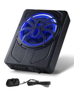 10" 440W Underseat Car Subwoofer, Slim Powered Car Subwoofers with Blue Ambient Light, Low Profile Audio Sub Under the Seat with Built-in Amplifier, Remote Controller for SUVs, Car, Truck, RV
