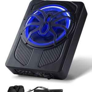 10" 440w underseat car subwoofer, slim powered car subwoofers with blue ambient light, low profile audio sub under the seat with built in amplifier, remote controller for suvs, car, truck, rv