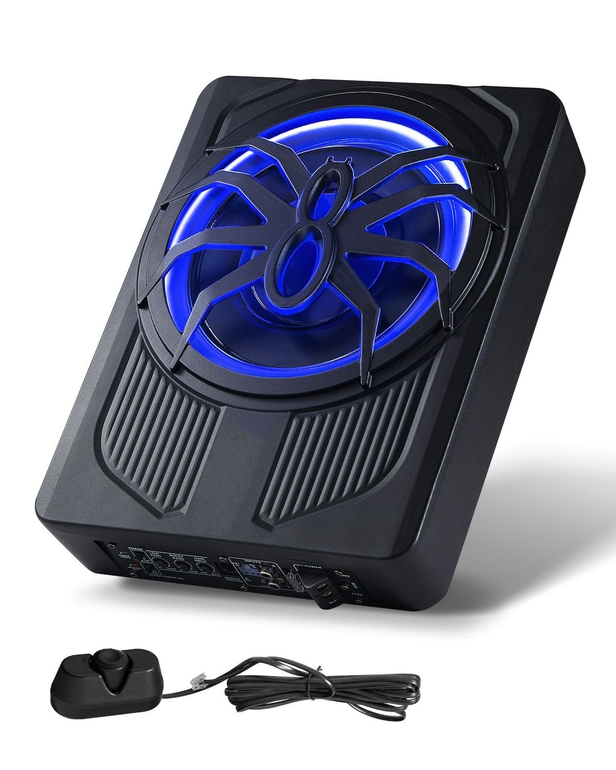 10" 440w underseat car subwoofer, slim powered car subwoofers with blue ambient light, low profile audio sub under the seat with built in amplifier, remote controller for suvs, car, truck, rv
