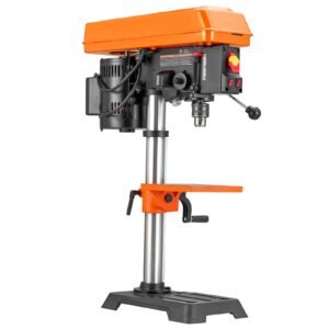 10 in Benchtop Drill Press, 6.2A Induction Motor, Tabletop Drilling Machine with 650 / 1050 / 1800 / 2350 / 3100 RPM Adjustable Speed, 0-45° Tilting Worktable, LED Work Light, for Wood Metal