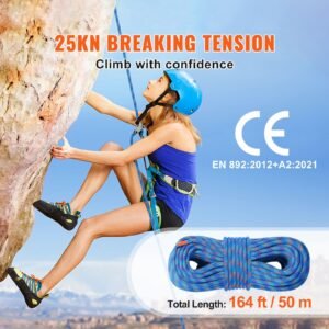 102mm dynamic climbing rope 50m164ft outdoor rock climbing rope 25kn breaking tension stretchable fiber rope with steel snap hooks for escape rappelling fire rescue blue 4.jpg