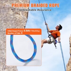 102mm dynamic climbing rope 50m164ft outdoor rock climbing rope 25kn breaking tension stretchable fiber rope with steel snap hooks for escape rappelling fire rescue blue 5.jpg