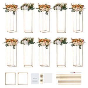10PCS 31.5inch High Wedding Flower Stand, With Acrylic Laminate,Metal Vase Column Geometric Centerpiece Stands, Gold Rectangular Floral Display Rack for Events Reception, Party Decoration