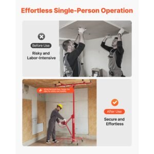 11ft drywall lift, heavy duty 150 lbs sheetrock hoist with adjustable telescoping arm, lockable wheels, drywall lifter panel jack hoist tools ideal for ceiling & wall installation (red)