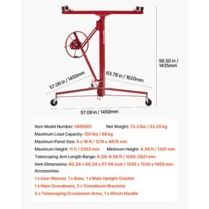 11ft drywall lift, heavy duty 150 lbs sheetrock hoist with adjustable telescoping arm, lockable wheels, drywall lifter panel jack hoist tools ideal for ceiling & wall installation (red)