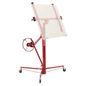 11ft drywall lift, heavy duty 150 lbs sheetrock hoist with adjustable telescoping arm, lockable wheels, drywall lifter panel jack hoist tools ideal for ceiling & wall installation (red)