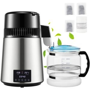 11gal water distiller 04galh distilled water maker machine 1750w 0 99h timing dual temp display 304 stainless steel countertop distiller glass carafe cleaning powder 3 carbon packs silver 3.jpg