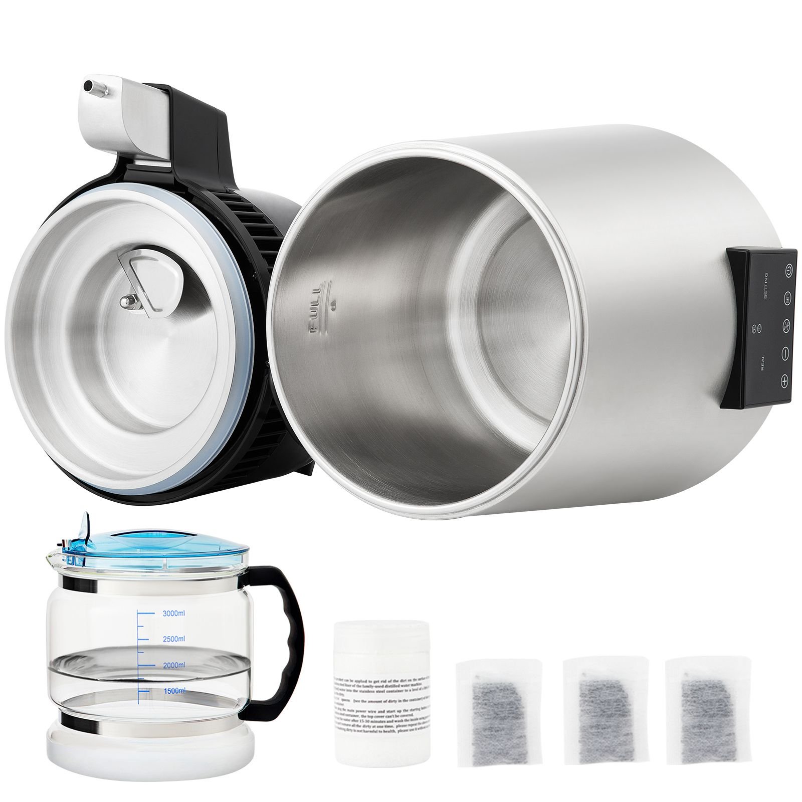 11gal water distiller 04galh distilled water maker machine 1750w 0 99h timing dual temp display 304 stainless steel countertop distiller glass carafe cleaning powder 3 carbon packs silver.jpg