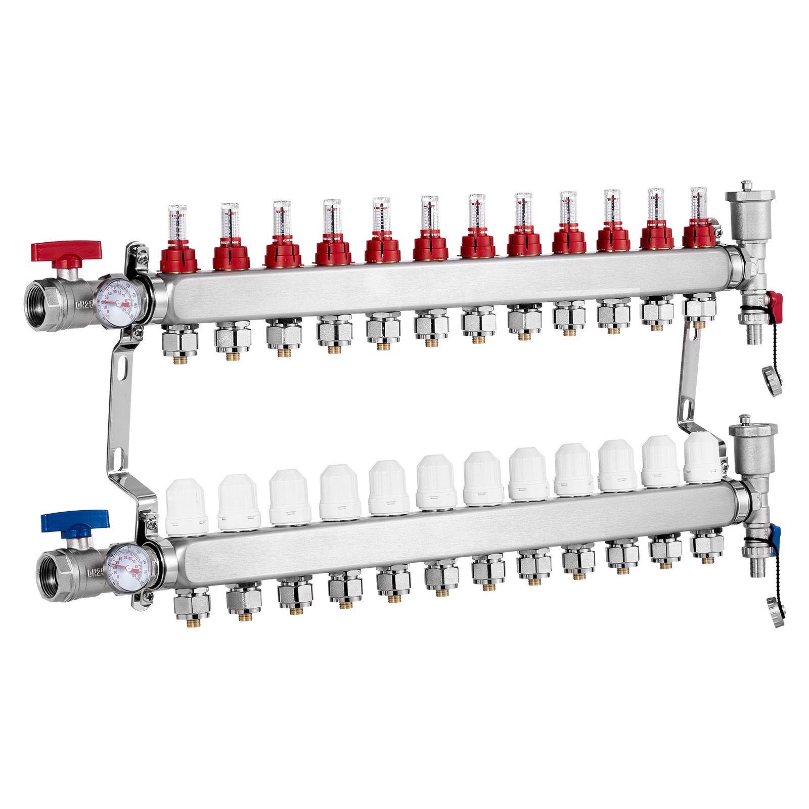 12 branch radiant heat manifold, 1/2" pex tubing manifold, stainless steel pex manifold for hydronic radiant floor heating, radiant heat pex manifold kit with 1/2" adapters included