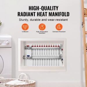 12 branch radiant heat manifold, 1/2" pex tubing manifold, stainless steel pex manifold for hydronic radiant floor heating, radiant heat pex manifold kit with 1/2" adapters included