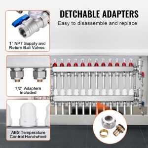 12 branch radiant heat manifold, 1/2" pex tubing manifold, stainless steel pex manifold for hydronic radiant floor heating, radiant heat pex manifold kit with 1/2" adapters included