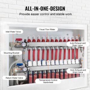 12 branch radiant heat manifold, 1/2" pex tubing manifold, stainless steel pex manifold for hydronic radiant floor heating, radiant heat pex manifold kit with 1/2" adapters included