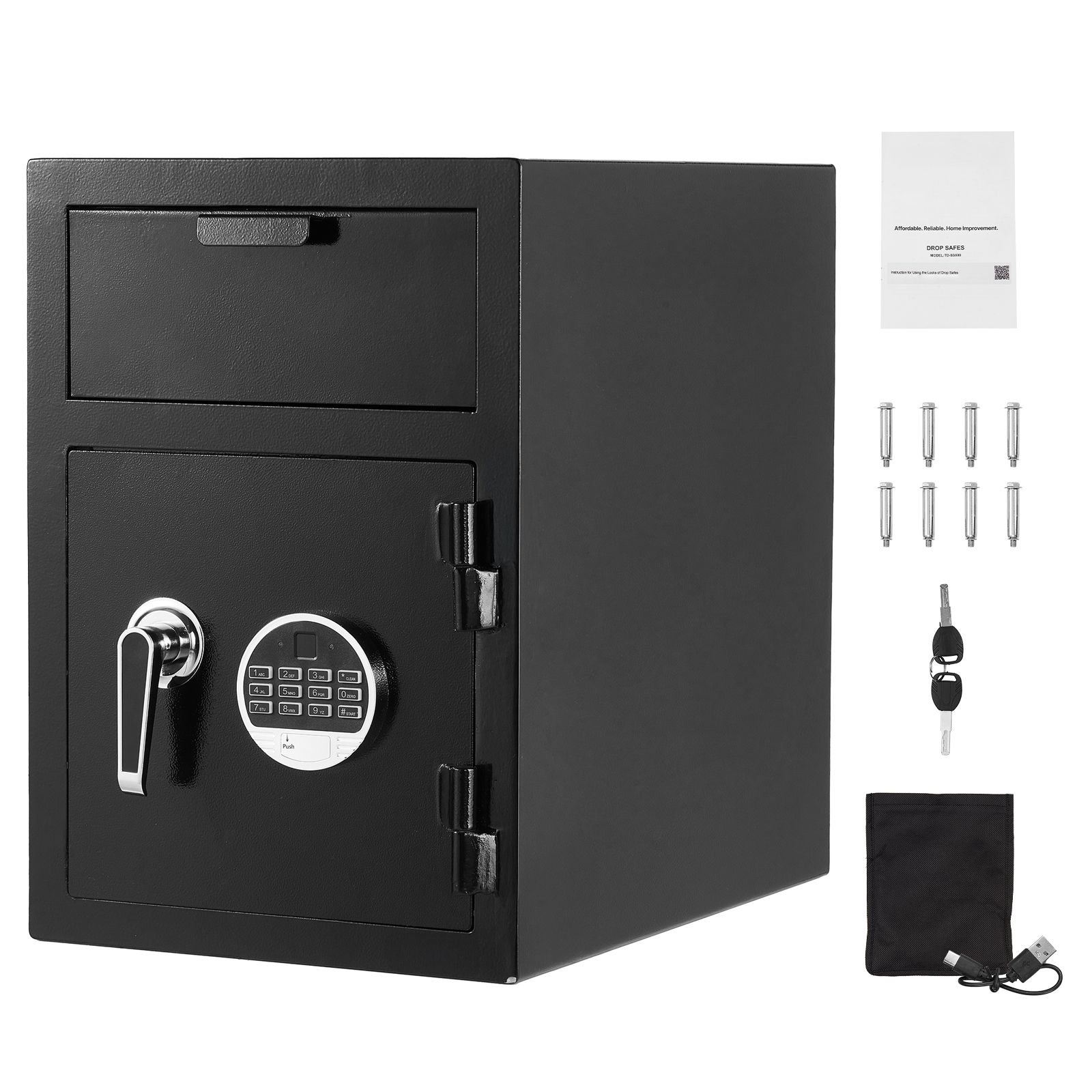 1.2 cubic feet drop safe, large capacity front drop slot safe box with digital keypad, heavy duty 2 tiers cash depository box with spare keys for cash, bank slip, jewelry, document, bill, black