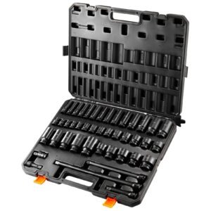 1/2" Drive Impact Socket Set, 43 Piece Deep & Shallow Socket Set SAE 3/8" to 1-1/2", 6 Point Cr-Mo Alloy Steel for Auto Repair, Easy-to-Read Size Markings, Rugged Construction, Storage Case