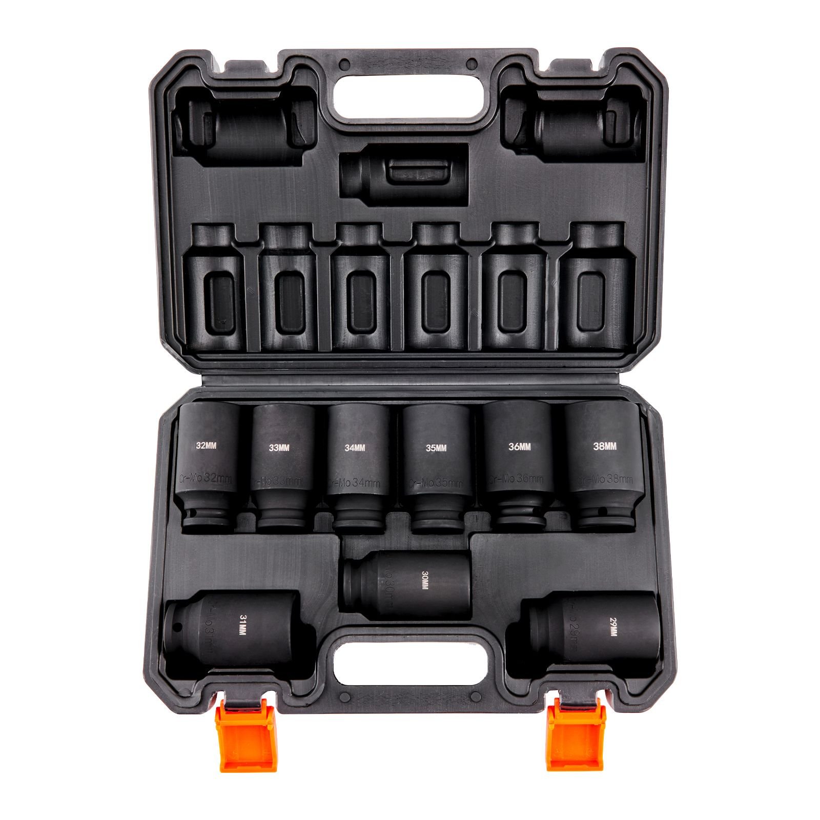1/2" drive impact socket set, 9 piece deep socket set metric 29 38mm, 6 point cr mo alloy steel for auto repair, easy to read size markings, rugged construction, includes storage case