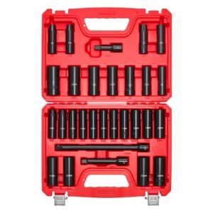 1/2 in Drive Impact Socket Set, 29 Piece, 6 Point Deep Impact Sockets, SAE (3/8 to 1 inch) and Metric (10 to 24 mm) Sizes with Extension Bars (3, 5, 10 in), Cr-V Steel, Heavy Duty Carrying Case