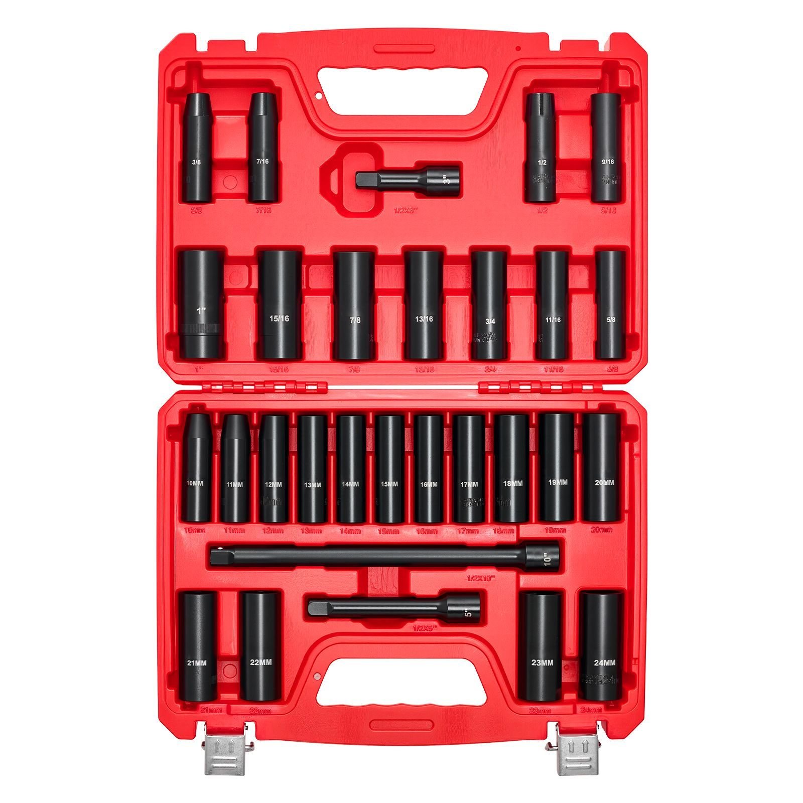 12 in drive impact socket set 29 piece 6 point deep impact sockets sae 38 to 1 inch and metric 10 to 24 mm sizes with extension bars 3 5 10 in cr v steel heavy duty carrying case.jpg