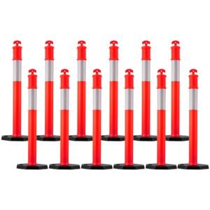 12 Pack Traffic Delineator Posts, 48 inches Traffic Safety Cones with Weighted Base and Reflective Strips, Heavy Duty Delineator Posts for Construction Site, Parking Lot, Crowd Control, Red