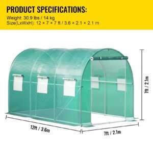 12 x 7 x 7 ft walk in tunnel greenhouse portable plant hot house with galvanized steel hoops 1 top beams 2 diagonal poles 1 zippered door 6 roll up windows green 3.jpg