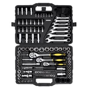 121-Piece Mechanics Tool Set, 1/4" 3/8" 1/2" Drive Sockets, SAE and Metric Mechanic Tool Kit with Bits, Wrenches, Ratchet Handle, Accessories, and Plastic Storage Case, for Automotive Repair