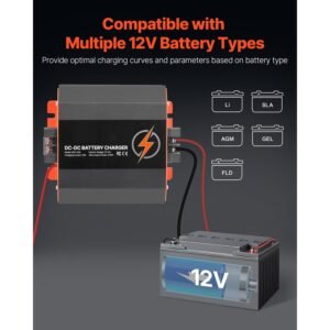 12V 30A DC to DC Battery Charger, 375W, On-Board Battery Charger for Lead-Acid, Lithium, AGM, GEL, and Flooded Batteries, Smart Multi-Stage Charging, for RVs, Commercial Vehicles, Boats, Yachts