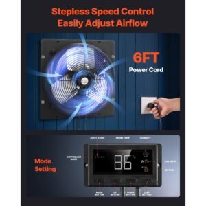 14 inch shutter exhaust fan, wall mounted attic vent fan with smart programming variable speed temperature control, 2000 cfm,ec motor,timer, for shed,garage,greenhouse ventilation cooling,black