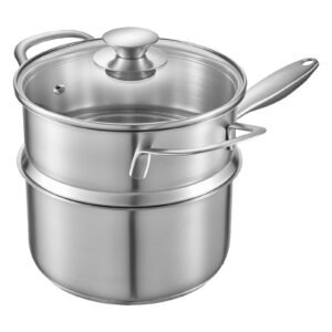 1.5 QT Saucepan with Steamer, Stainless Steel Saucepan with Glass Lid, Multipurpose Nonstick Stainless Steel Sauce Pot with Ergonomic Handle, Friendly for Oven, Dishwasher, Induction Cooker