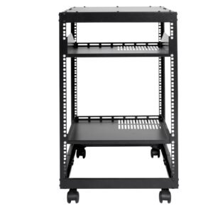 15U Open Frame Server Rack, 23-40 in Adjustable Depth, Free Standing or Wall Mount Network Server Rack, 4 Post AV Rack with Casters, Holds All Your Networking IT Equipment AV Gear Router Modem
