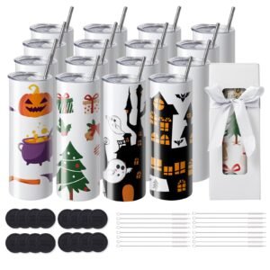 16 Pack Sublimation Tumblers 20oz Skinny Straight, Stainless Steel Sublimation Tumblers Blank, Stainless Steel Double Wall Tumbler for Heat Transfer Customized Gifts with Lid and Straw, Gift Box