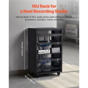 16u av rack, 200 lbs max capacity, home recording studio rack with lockable caster wheels, open frame server cabinet, special vent design, for 19 inch audio video musical & it equipment mounting