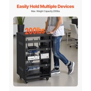 16u av rack, 200 lbs max capacity, home recording studio rack with lockable caster wheels, open frame server cabinet, special vent design, for 19 inch audio video musical & it equipment mounting