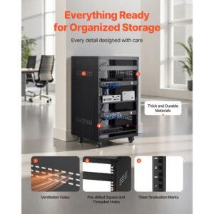 16u av rack, 200 lbs max capacity, home recording studio rack with lockable caster wheels, open frame server cabinet, special vent design, for 19 inch audio video musical & it equipment mounting