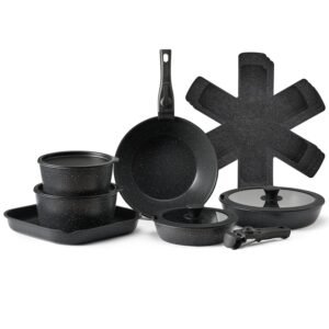 17 Piece Pots and Pans Set, Granite Nonstick Detachable Handle Cookware, Space Saving Induction Cookwares, Kitchen RV Cooking Sets with Frying, Sauce, Saute, Tempered Glass Lid, Oven Safe, Black