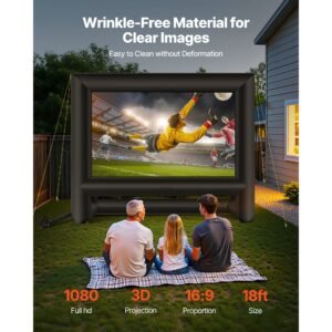 18ft inflatable movie screen, inflatable projector screen with portable storage bag, 16:9 easy set up movie projection for outdoor backyard, home theater, theme party