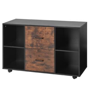 2 Drawer Wooden File Cabinet, Mobile Filing Cabinet with Open Shelves, Lateral Rolling File Storage with Lockable Wheels, Modern Free Standing Printer Stand for Home, Office, School, Black