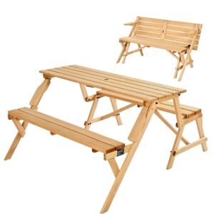 2-in-1 Transforming Interchangeable Picnic Table, Outdoor Wooden Table and Bench Set, Portable Foldable Bench with Umbrella Hole, Patio Dining Furniture for Garden, Backyard, Porch (Brown)