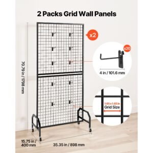 2 packs grid wall panels, 2.9 x 5.9 ft wire grid panels display rack, movable art display shelf with wheels and 10 hooks, black carbon steel gridwall for craft show, decor, storage, notice board