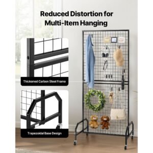 2 packs grid wall panels, 2.9 x 5.9 ft wire grid panels display rack, movable art display shelf with wheels and 10 hooks, black carbon steel gridwall for craft show, decor, storage, notice board