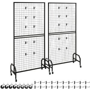 2 Packs Grid Wall Panels, 2.9 x 5.9 ft Wire Grid Panels Display Rack, Movable Art Display Shelf with Wheels and 10 Hooks, Black Carbon Steel Gridwall for Craft Show, Decor, Storage, Notice Board