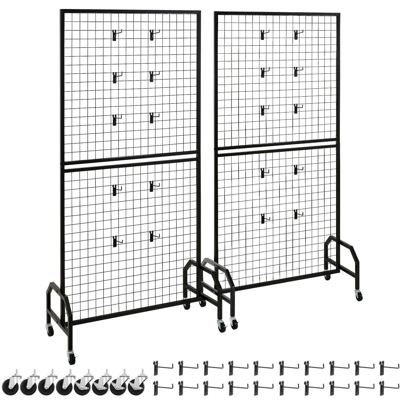 2 packs grid wall panels, 2.9 x 5.9 ft wire grid panels display rack, movable art display shelf with wheels and 10 hooks, black carbon steel gridwall for craft show, decor, storage, notice board