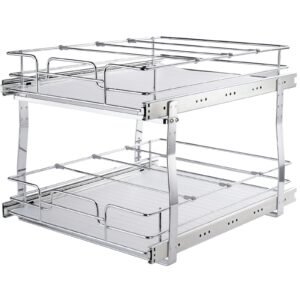 2 Tier 20"Wx21"Dx15"H Pull Out Cabinet Organizer, Heavy Duty Slide Out Pantry Shelves, Steel Roll Out Drawers, Sliding Drawer Storage for Home, 21.5"Wx22"Dx18"H Install Size for Cabinet