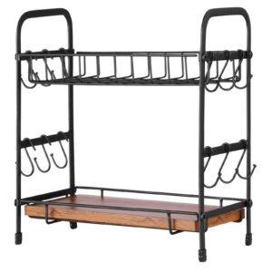 2 Tier Coffee Bar Organizer for Countertop, Multifunctional Mug Holder and Coffee Station, 12 Movable Hooks and 2 Shelves for Coffee Accessories Storage and Display, Home Office (Matte Black)