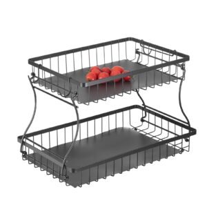 2 tier fruit basket countertop fruits vegetable bowl with banana hangers metal wire storage stand for kitchen counter detachable stackable holder organizer for bread snack veggies black 3.jpg