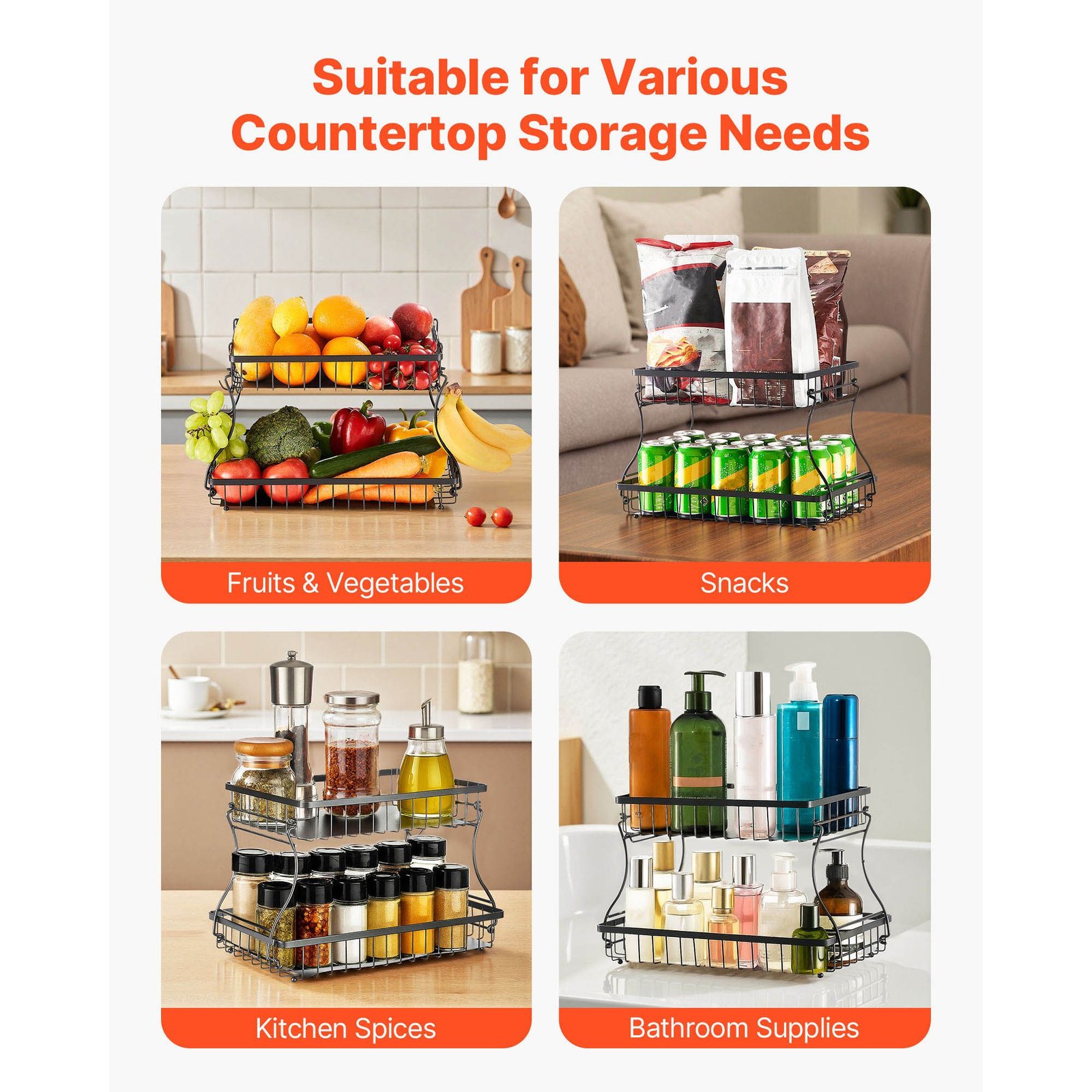 2 tier fruit basket countertop fruits vegetable bowl with banana hangers metal wire storage stand for kitchen counter detachable stackable holder organizer for bread snack veggies black.jpg