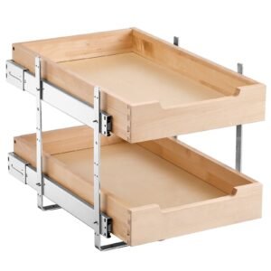 2 Tier Pull Out Cabinet Organizer, 14"W x 21"D Cabinet Drawer, Soft Close Slide out Shelf, Heavy-Duty Sliding Wood Drawer, Adjustable Base Cabinet Organization for Kitchen Pantry Bathroom