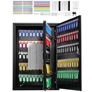 200-Key Cabinet, Key Lock Box with Adjustable Racks, Security Key Storage Box Steel, Key Organizer with 200 Colorful Key Tags and 4 Record Cards for School, Office, Hotel