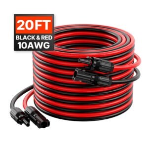 20FT Solar Panel Extension Cable, 10AWG Solar Extension Cable Wire with Female & Male Waterproof Connectors, 6mm² PV Cable for Home, Ship and RV Solar Panels, 20FT Black + 20FT Red (Set of 2)