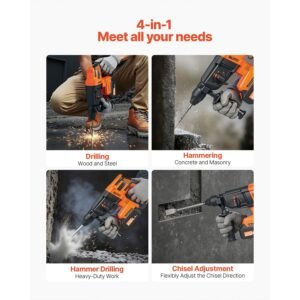 20V Brushless Cordless Hammer Drill, Lithium-Ion 1 Inch Rotary Hammer Driver, SDS-Plus Electric Lightweight Power Tool Kit with Battery and Charger, 4 Functions, 1200 RPM, 5300 BPM
