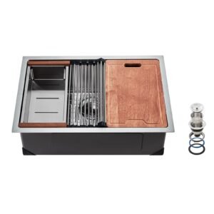 23 inch Kitchen Sink Workstation, 304 Stainless Steel Undermount Sink, Drop-In Single Bowl Farmhouse Basin with Ledge & Multiple Accessories, Household Dishwasher Sinks for RV, Prep Kitchen, Bar