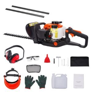 23.2-inch 26CC 2 Cycle Gas Hedge Trimmer, Gas Powered Handheld Hedge Trimmer with Dual Sided Dual Action Blade, 180° Adjustable Trimmer Head, Suitable for Trimming Shrubs, Low Bushes